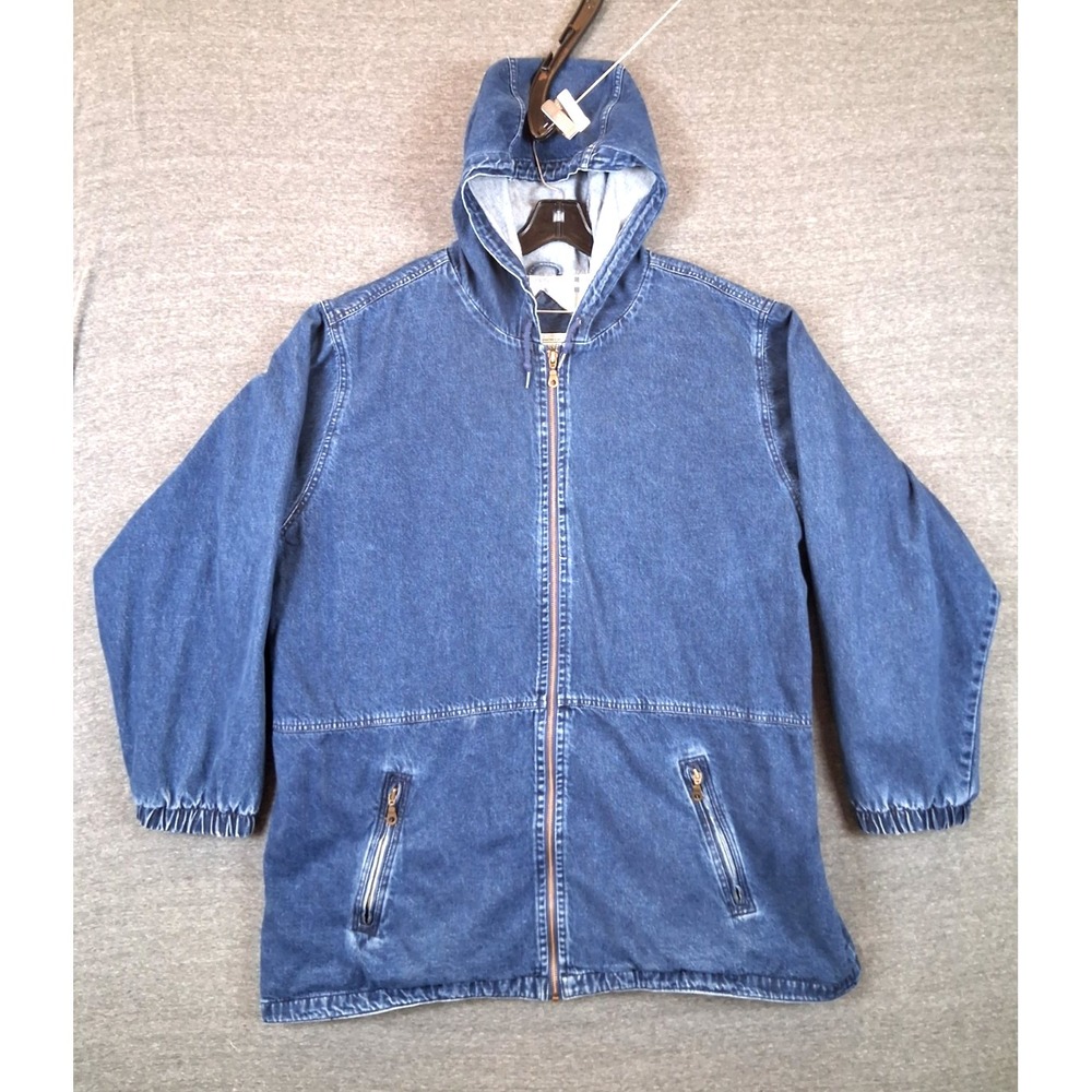 St Johns Bay Womens Jacket 2X Blue Denim Chore Coat Flannel Lined Drawstring